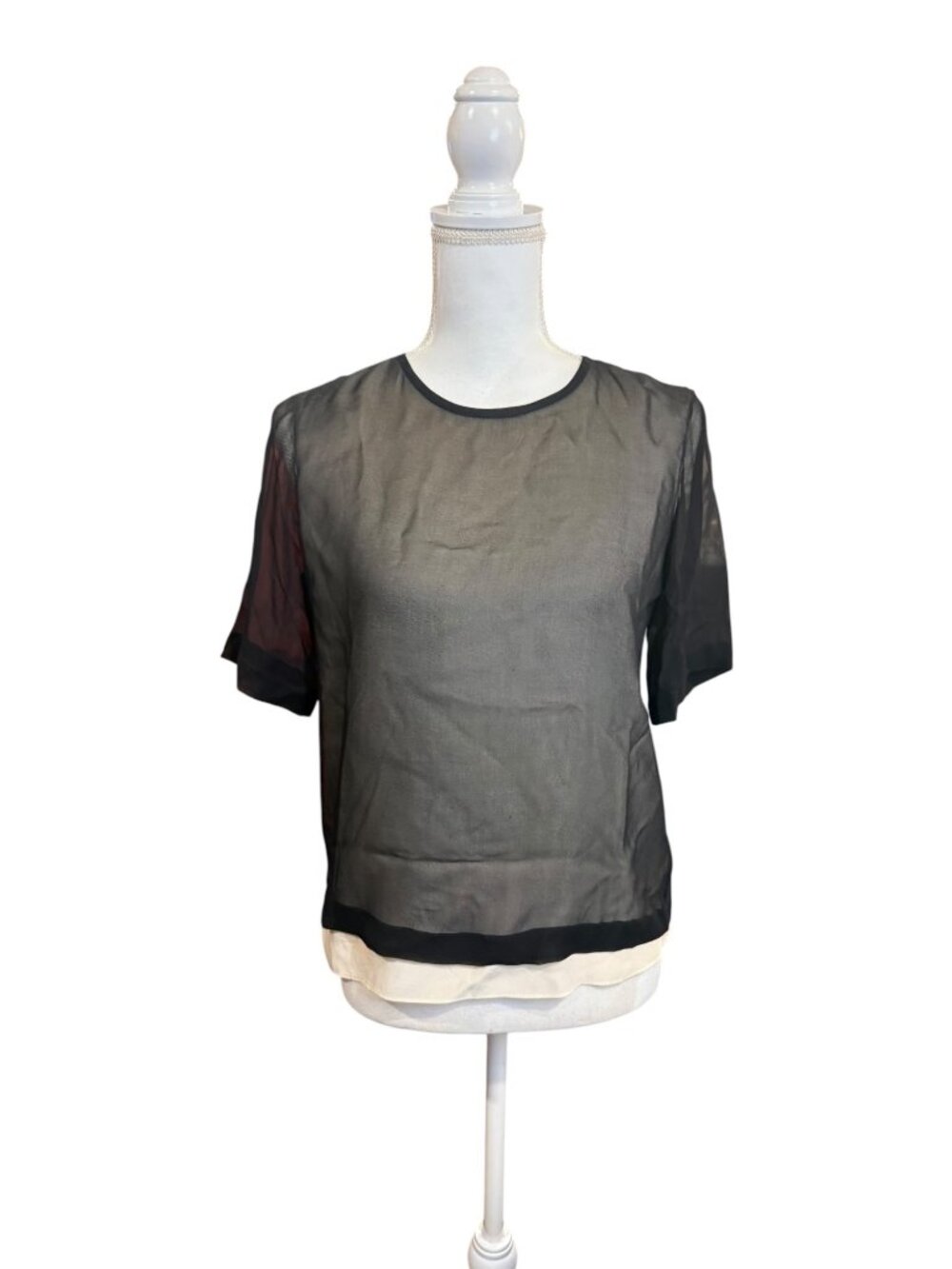 Tibi Black Sheer Silk Short Sleeve Blouse, Size 0 (oversized)